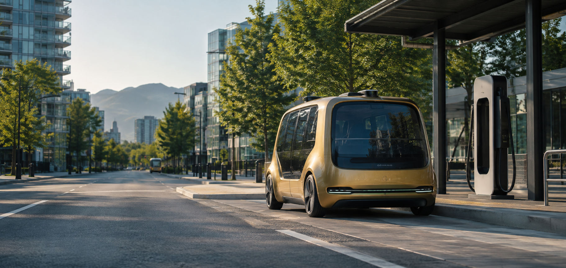 Autonomous electric cab at a Canadian-style charging hub